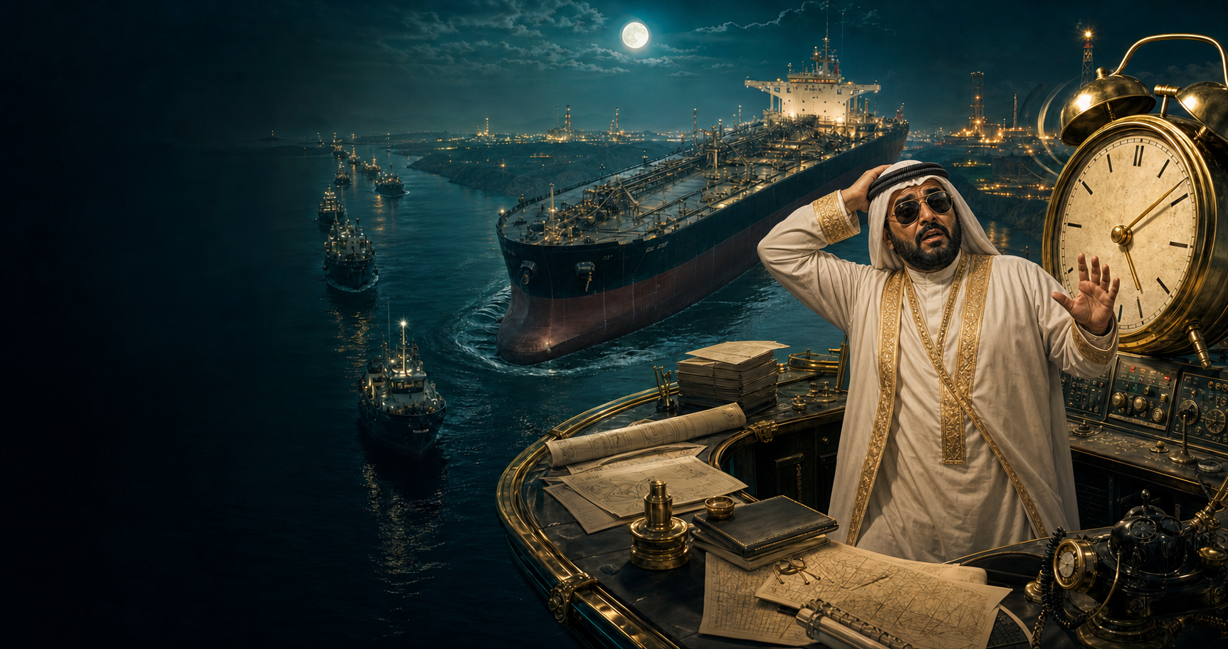 A fictional shipping tycoon startled by a giant alarm clock as a tanker blocks the channel behind him.